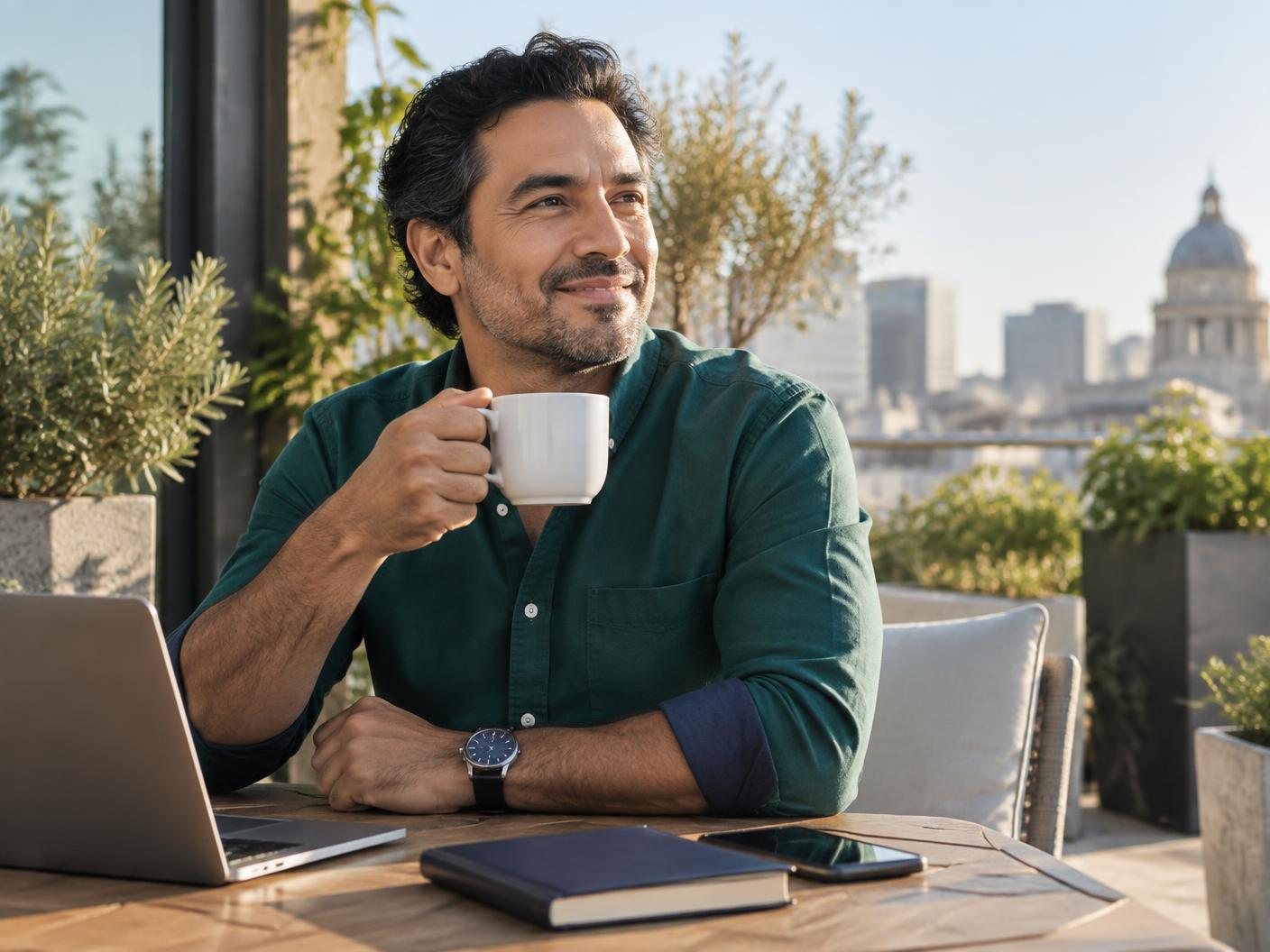 A confident adult enjoying a calm morning after making a financial plan